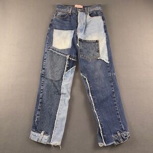 Revice Denim Patchwork High Waisted Straight Leg Jeans Blue 24 Made in USA